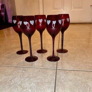 Vintage Ruby Red Tall Stem Wine Glasses with Etched Hearts (Set of 5)